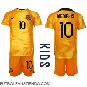 Países Bajos Memphis Depay #10 Primera Equipación Niños Mundial 2022 Manga Corta (+ Pantalones cortos)